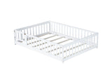 Full Size Floor Bed with Fence and Door,Rubber Wood Floor Bed with Safety Guardrails,White W504P296786