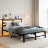 Full Size Metal Bed Frame with Wooden Headboard, RGB Lights, Charger, Storage Shelf, Noise-Free, No W840P209896