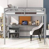 Full size Loft Bed with Desk and Writing Board, Wooden Loft Bed with Desk & 2 Drawers Cabinet- Gray 96271078