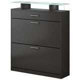 ON-TREND Slim Entryway Organizer with 2 Flip Drawers, Tempered Glass Top Shoe WF303589AAB