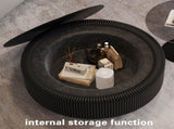 Black Round Fluted Coffee Table with Tempered Glass Top, PU Leather Body , Baked Enamel Metal Base & W3081P428980