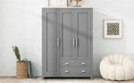 ZUN Three Door Storage Wardrobe with Cabinets and Two Hanging Rods,Gray 44921896