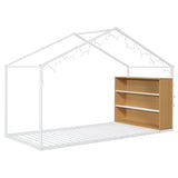 Twin Size Metal Bed House Bed Frame with Shelves and Lights, White N737P176708K