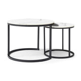 Set 2 Coffee Table Nesting White and gray top Black Frame Circular Round and Marble Pattern Wooden 45806374