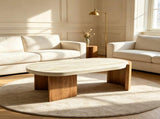 48.42 inch Oval Coffee Table, Modern Coffee Table with Faux Wood Curved MDF Legs, Faux Travertine W5230P567208