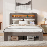 Bed Frame Queen Size, Wood Platform Bed Frame with Storage LED Light Headboard and 2 USB , Noise 65913119