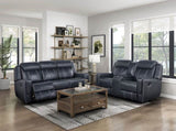 Modern Blue Dual Reclining Sofa with Center Drop-Down Cup Holders, Breathable Faux Leather B011P228161