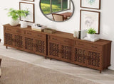 Vintage Sideboard Buffet Cabinet with Hand-Carved Hollow Doors, Distressed Light Wood Finish, 2 W688P359947