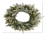 24" Snowed Artificial Christmas Wreath with 50 Warm White LED Lights and Pine Cones, Green 76979028
