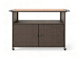 Outdoor Wicker Storage Cabinet, Solid Acacia Wood Patio Bar Cart with Lockable Universal Wheels, 41232191