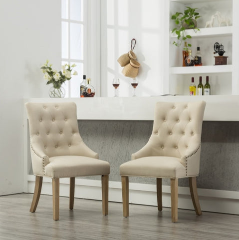 ZUN Tan Button Tufted Solid Wood Wingback Hostess Chairs with Nail Heads Set of 2 T2574P164608