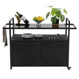 Outdoor Wicker Bar Cart, Patio Wine Serving Cart w/Wheels, Rolling Rattan Beverage Bar Counter Table W640140573