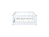 Twin Size Floor Bed with Fence and Door,Rubber Wood Floor Bed with Safety Guardrails,White W504P296777