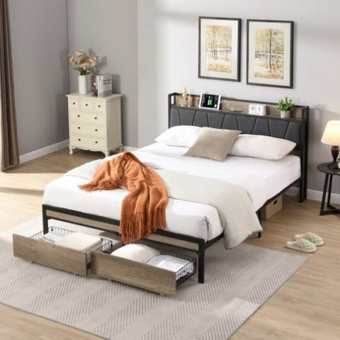 ZUN Queen Size Metal Platform Bed Frame with upholstery storage function Headboard and USB LINER and W311133402