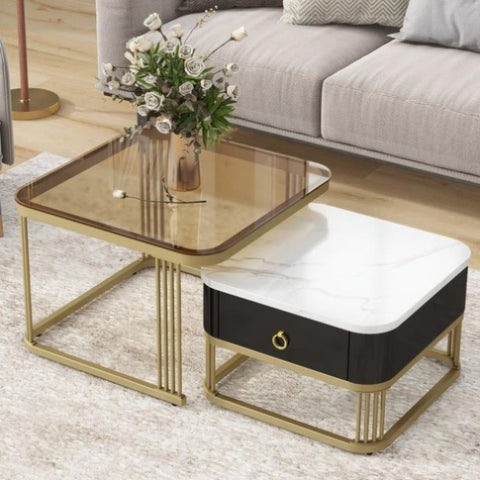 ZUN ON-TREND Nesting Coffee Table with Drawer, Set of 2, Exquisite Square Stacking Coffee Tables with WF324358AAB
