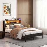 Full Size Bed Frame with Storage Headboard, Metal Platform Bed with Charging Station, Bookcase W840P201068