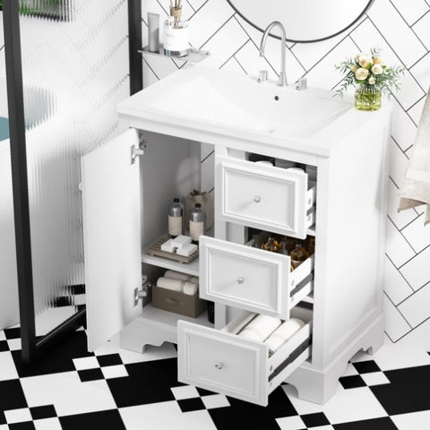 ZUN 30-Inch bathroom vanity cabinet with ceramic basin, 3 drawers and adjustable shelves N729P176237K