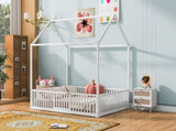 Full Size Metal House Bed with Fence and Door, White MF315933AAK