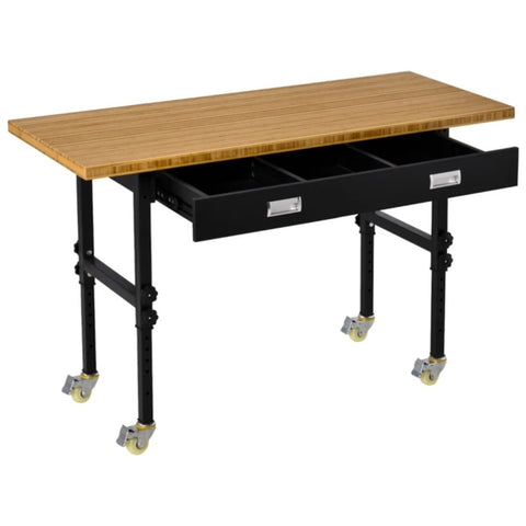 ZUN 59" Garage Work Bench with Drawer and Wheels, Height Adjustable Legs, Bamboo Tabletop Workstation 83658892