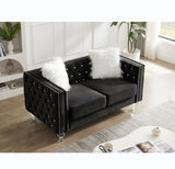 Black, Two-seater Sofa, Velvet Crystal Buckle Upholstery Sofa, Crystal Feet, Removable Cushion, Two 74092413