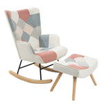 ZUN Rocking Chair with ottoman, Mid Century Fabric Rocker Chair with Wood Legs and Patchwork Linen for W561P175989