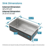 Kitchen Sink 33"x19" Multifunctional undermount Flying Rain Waterfall S304 Stainless Steel Handmade T3177P286047