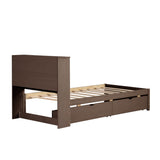 Modern Twin Size Bed Frame With Built-in USB Port on Bookcase Headboard and 2 Drawers for Walnut W697P152020