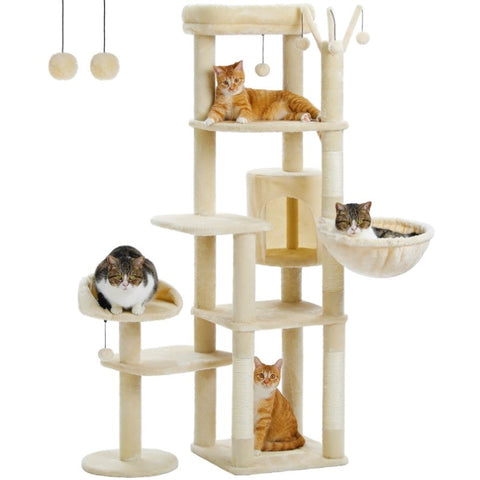 ZUN 59" Cat Tree,Cat Tower for Large Cats,Multi-Level Cat Tower 3 Removable Pompom Sticks,Cat Condo 09127955