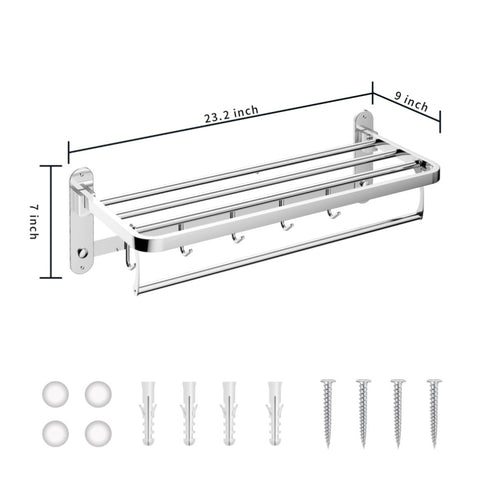 ZUN Bathroom Rack Wall Mounted with Bar and 5 Hooks,SUS304 Stainless Steel 24" Foldable 60456702