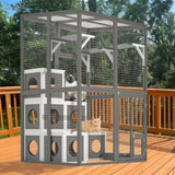 Outdoor Wooden Cat- Large Solid Wood Cat Cage Playpen with 2 Jumping Platforms & 7 Napping Houses, 86589654