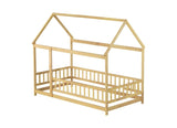 Twin Size House Floor Wooden Bed with Roof Frame,Safety Guardrails,Natural W504P286404