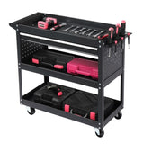 ZUN 3-Tier Rolling Tool Cart, Metal Heavy Duty Utility Cart on Wheels with Pegboard & Drawer & 4 Hooks, 63239544