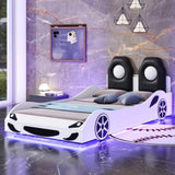 Wood Twin Size Race Car-Shaped Platform Bed with LED and Upholstered Backrest, White 28964519
