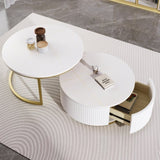 Modern Round Nesting Coffee Table Fluted with Drawer in White & Gold in 27.6" N735P254992K