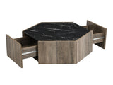 Hexagonal Rustic Retro Wood Coffee Table, with 2 Hidden Drawers, Textured Black Marble Tops, Light N770P309823L