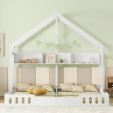 Wood Twin Size House Platform Beds,Two Shared Beds with Shelves and Guardrail, Creamy White WF310564AAA