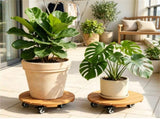 Set of 2 Natural Finish Wooden Plant Pot Mover, Portable Round Plant Stand with 4 Wheels, Sturdy 06893761