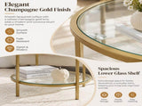 Round Glass Coffee Table with Lower Shelf, Champagne Gold Metal Frame, 2-Tier Modern 51201860