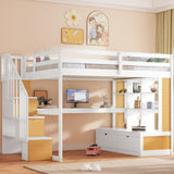 ZUN Full Size Loft Bed with Desk and Shelves, Two Built-in Drawers, Storage Staircase, White and Natural 04858801