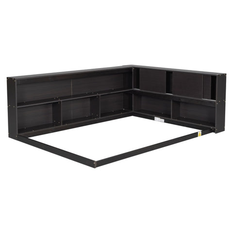 ZUN Full Floor Bed with L-shaped Bookcases, sliding doors,without slats,Espresso W504P146193