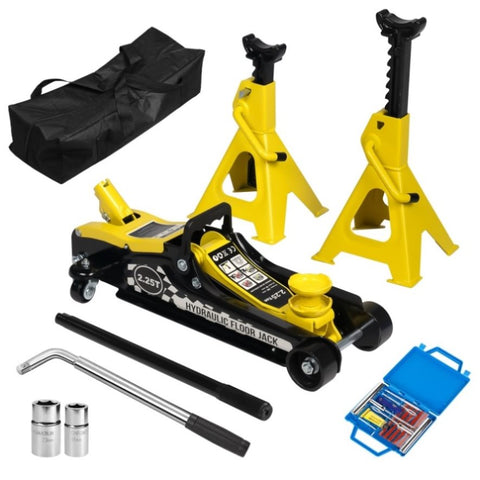 ZUN Lifting Range 3.35"-14.17",2.25Ton Hydraulic Floor Jack,3 Ton Jack Stands,Tire Repair kit,Yellow,Low W2788P236547