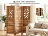 3 Panel Paulownia Wood Folding Room Divider, Tree Leaf Cutout Top & Louvered Lower Panel 43494743