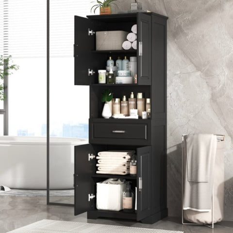 ZUN Tall Bathroom Cabinet with Four Doors, Large Storage Space Open Shelve, Upper Storage Cabinet, Black 41680968