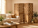4 Panel Paulownia Wood Folding Room Divider with Wave Cutout Pattern, Double-Side 180&deg Hinges 10815504