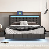 ZUN Queen Size Floating Bed Frame with LED Lights and USB Charging,Modern Upholstered Platform LED Bed WF308894AAB