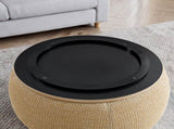Round Storage Ottoman, Woven rattan fabric Ottoman, 2 in 1 Function, Work as End table and W487P215089
