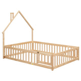 Full House-Shaped Headboard Floor Bed with Fence,Natural W504119482