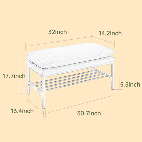 ZUN End of Bed Bench with Shelf, Linen Upholstered Storage Shoe Bench, Modern Bedroom Bench with Metal W2725P207314