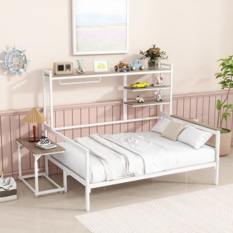 ZUN Full size Metal Daybed with Movable Desk, Metal Grid, Shelves and Clothes Hanger, White N737P199321K