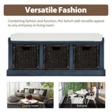 Rustic Storage Bench with 3 Removable Classic Rattan Basket , Entryway Bench with Removable Cushion 76490298